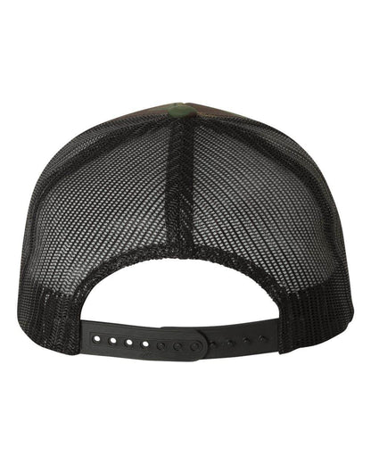 Green camo Yupoong YP Classics retro trucker cap with personalized embroidered logo and black mesh back.