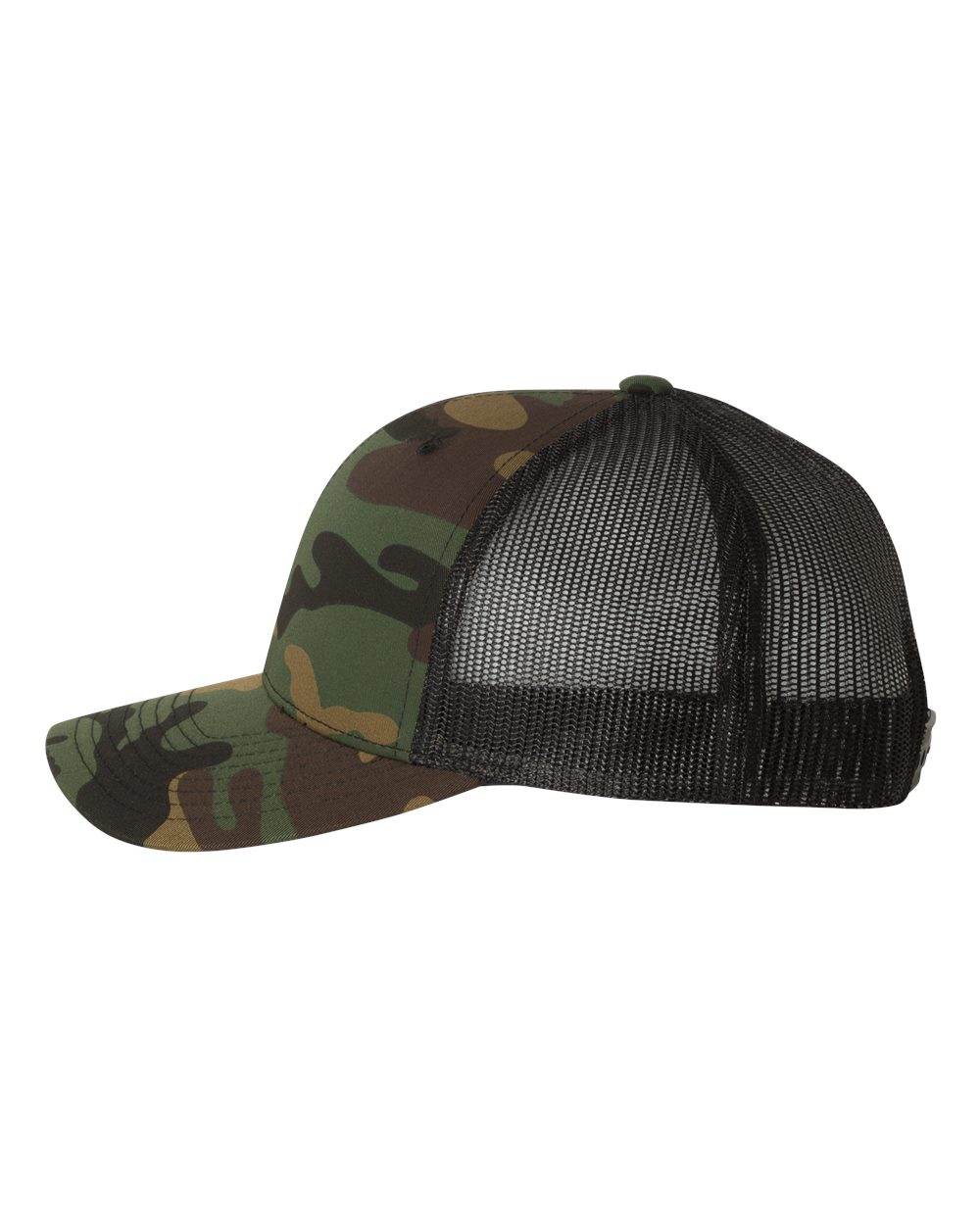 Green camo Yupoong YP Classics retro trucker cap with personalized embroidered logo, black side view.