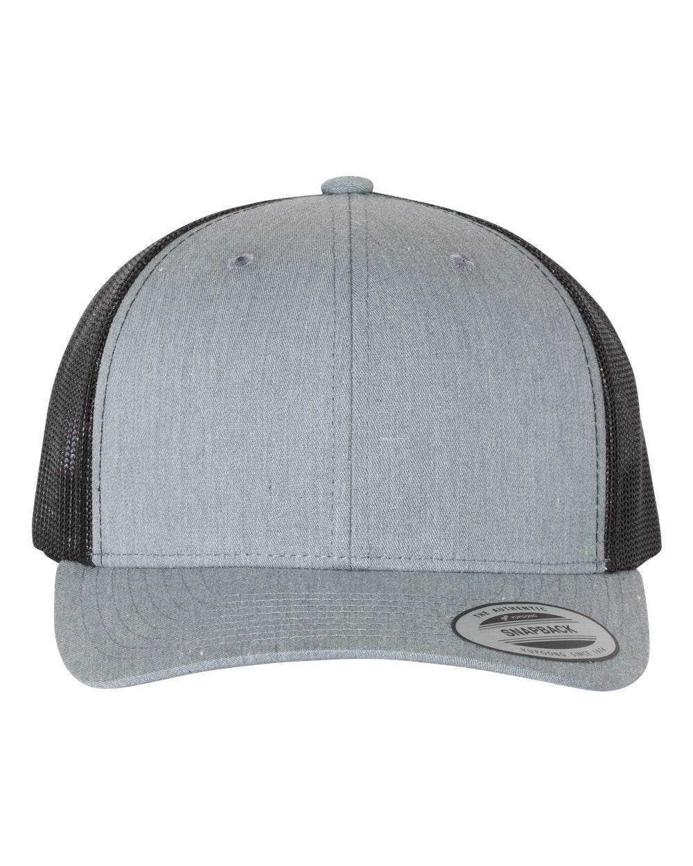 Custom YP Classics retro trucker cap by Yupoong with embroidered logo, Heather grey and black, stylish personalized trucker hat.