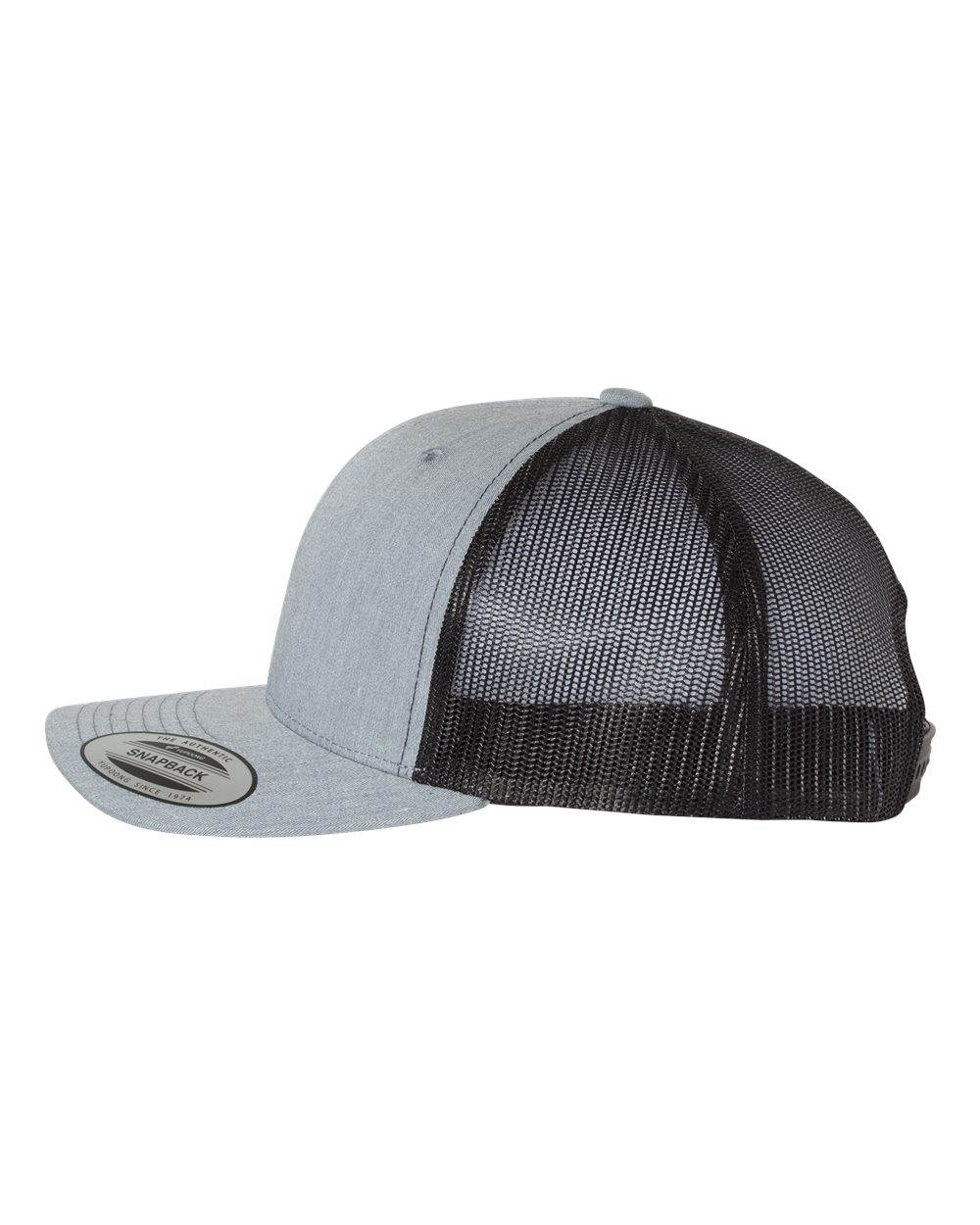 Custom YP Classics retro trucker cap by Yupoong with embroidered logo, Heather Grey and black side view of personalized embroidered trucker hat.