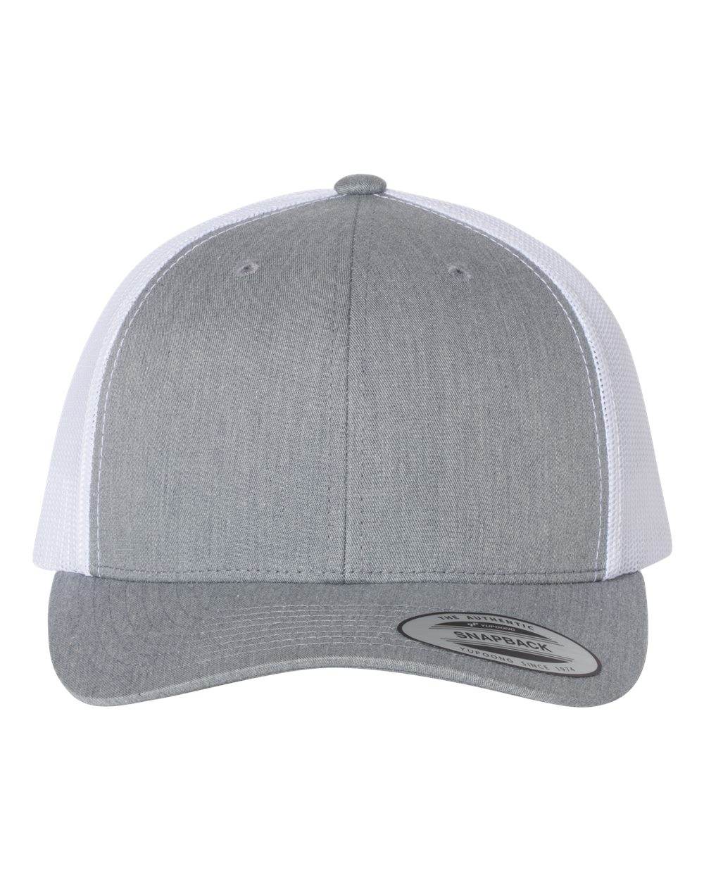 Heather grey and white Custom YP Classics® Retro Trucker Cap with embroidered logo, featuring a classic trucker hat design by Yupoong.