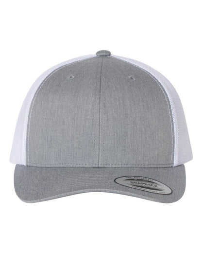 Heather grey and white Custom YP Classics® Retro Trucker Cap with embroidered logo, featuring a classic trucker hat design by Yupoong.