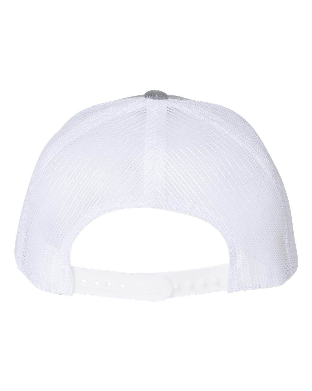 Custom YP Classics retro trucker cap by Yupoong with embroidered logo, Heather grey and white adjustable trucker hat.