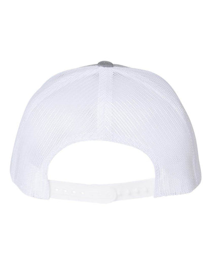 Custom YP Classics retro trucker cap by Yupoong with embroidered logo, Heather grey and white adjustable trucker hat.
