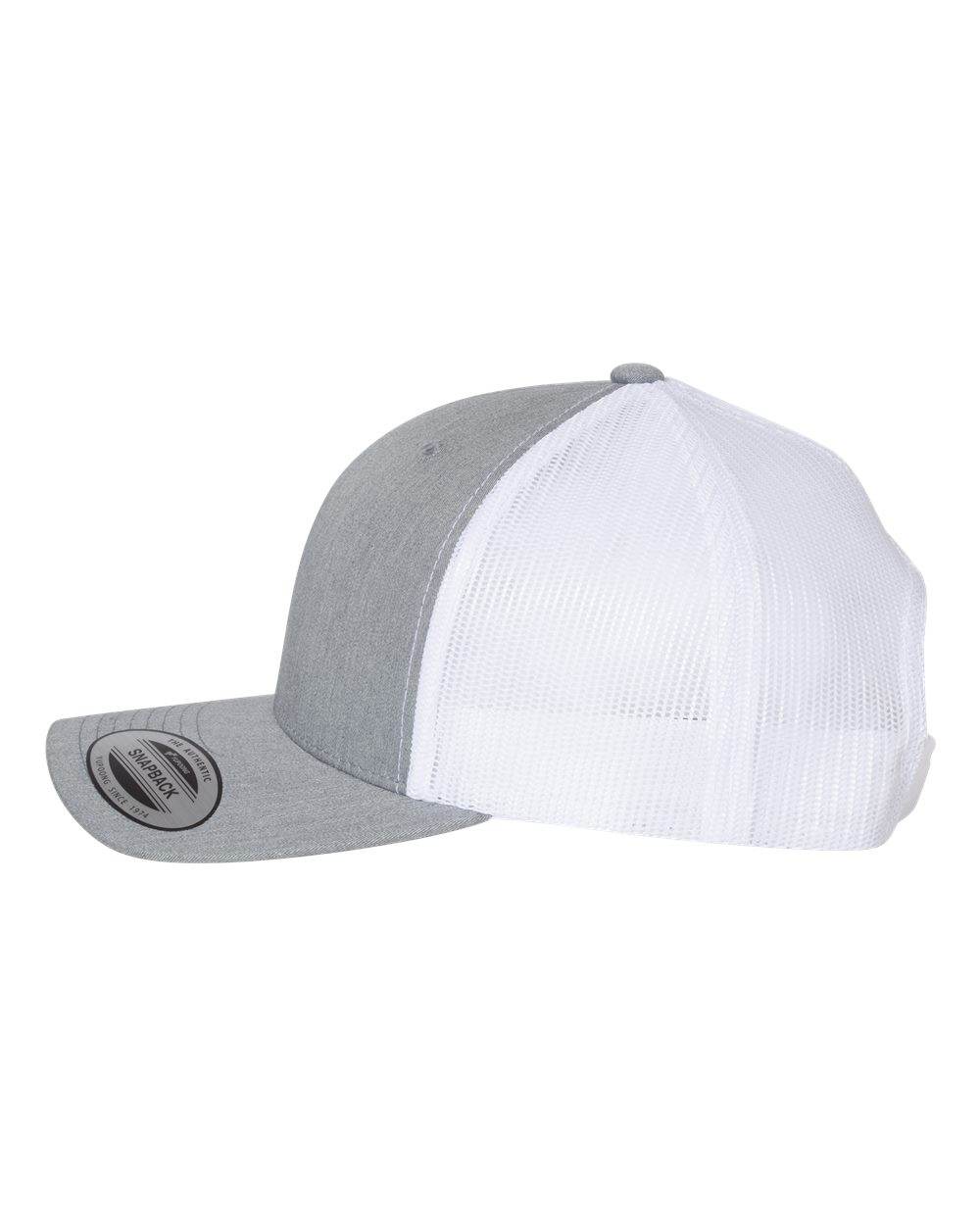 Custom YP Classics retro trucker cap by Yupoong with embroidered logo in Heather Grey and White, featuring a classic trucker hat style.