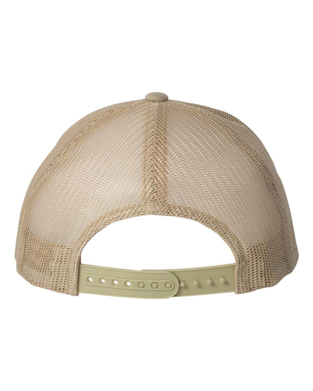 Khaki Yupoong YP Classics retro trucker cap with custom embroidered logo on front, adjustable mesh back, and structured design.