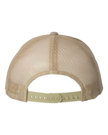 Khaki Yupoong YP Classics retro trucker cap with custom embroidered logo on front, adjustable mesh back, and structured design.