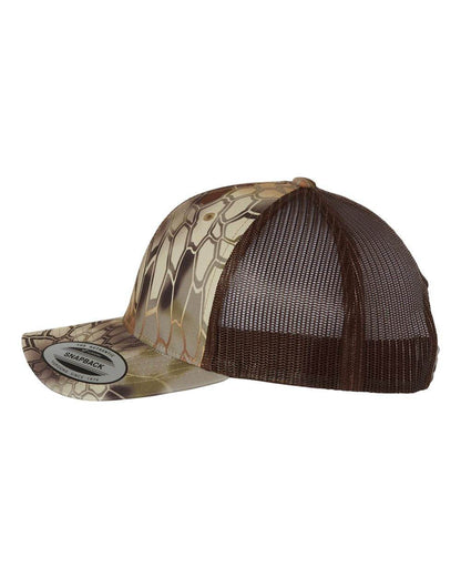 Custom YP Classics® retro trucker cap by Yupoong with embroidered logo, featuring a Kryptek Highlander pattern on the side.
