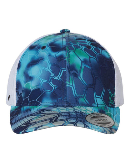 Custom YP Classics retro trucker cap by Yupoong with personalized embroidered logo on Kryptek Pontus fabric.