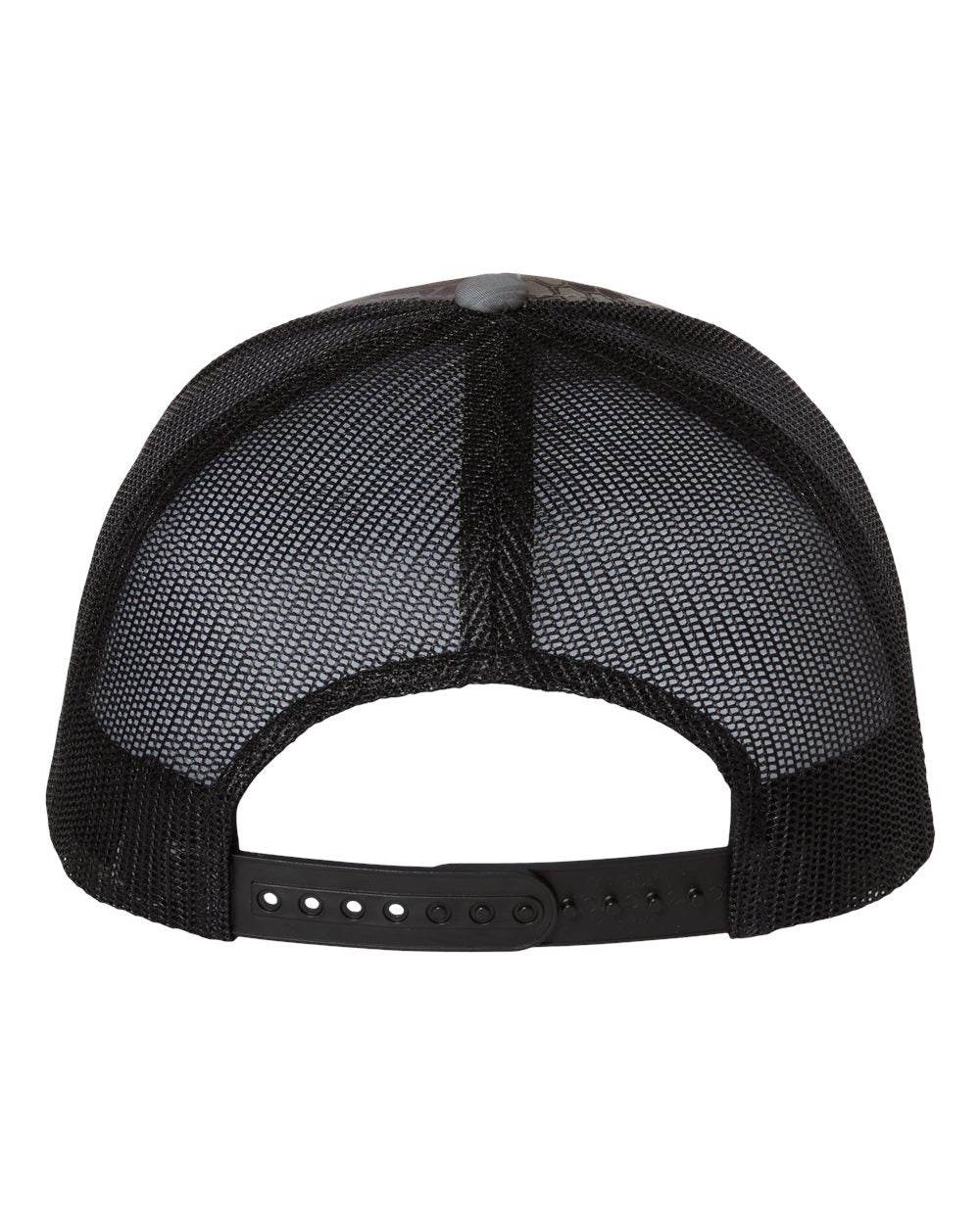Custom YP Classics retro trucker cap by Yupoong with embroidered logo, featuring Kryptek Raid back design.