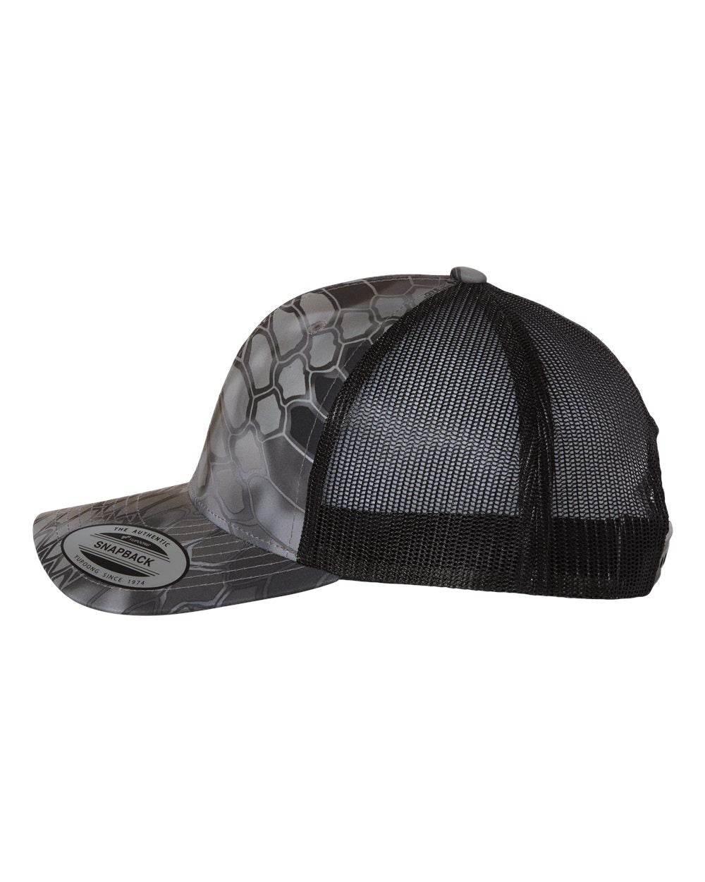 Custom YP Classics retro trucker cap by Yupoong with embroidered logo, featuring a Kryptek Raid side design.