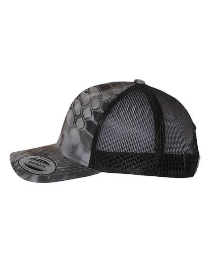 Custom YP Classics retro trucker cap by Yupoong with embroidered logo, featuring a Kryptek Raid side design.