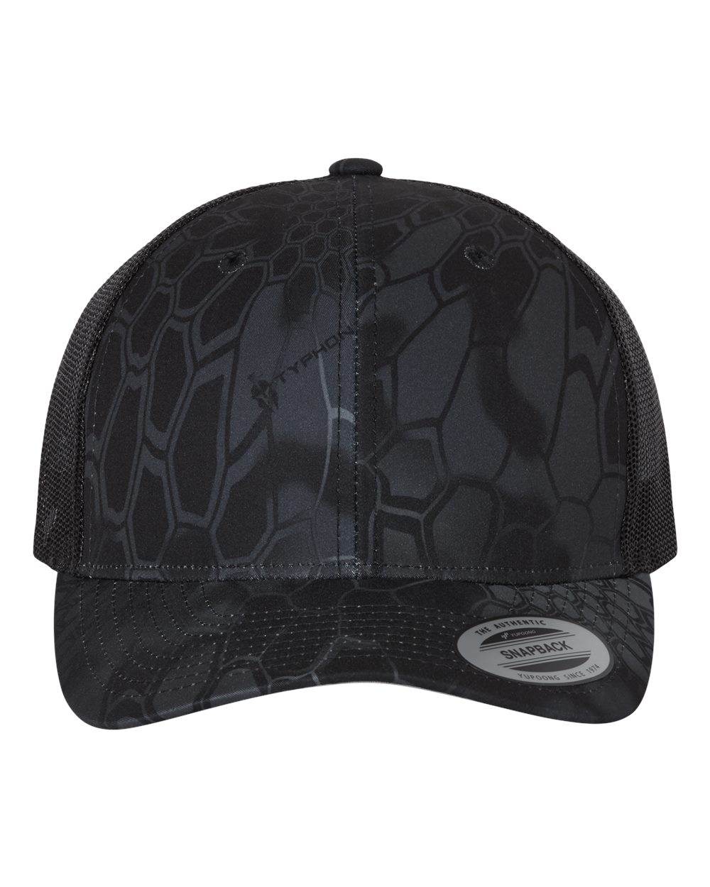 Custom YP Classics® retro trucker cap with embroidered logo, featuring a stylish Kryptek Typhon design on a personalized Yupoong hat.
