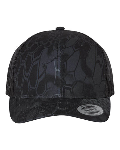 Custom YP Classics® retro trucker cap with embroidered logo, featuring a stylish Kryptek Typhon design on a personalized Yupoong hat.