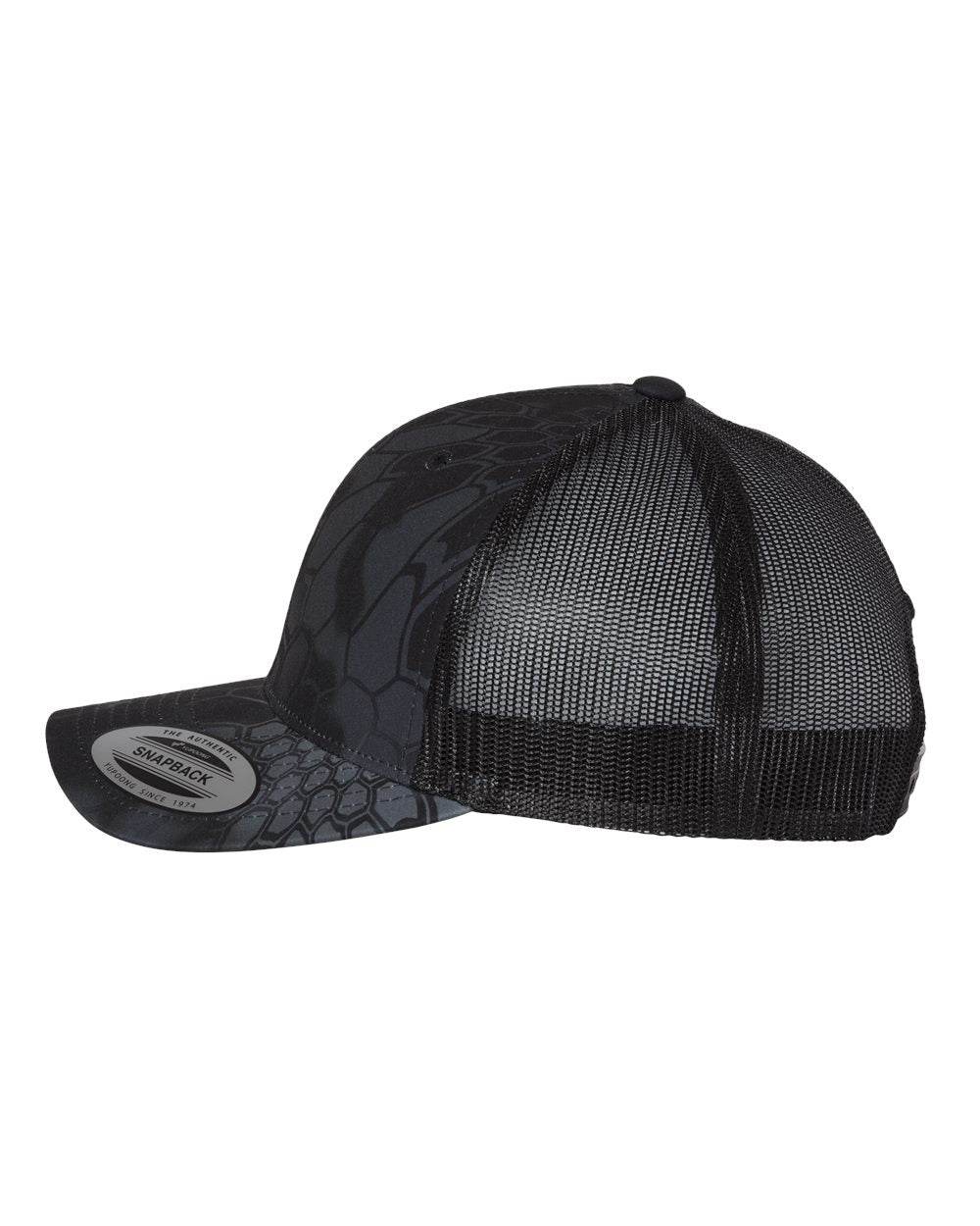 Custom YP Classics retro trucker cap by Yupoong with embroidered logo, featuring a Kryptek Typhon design on the side.