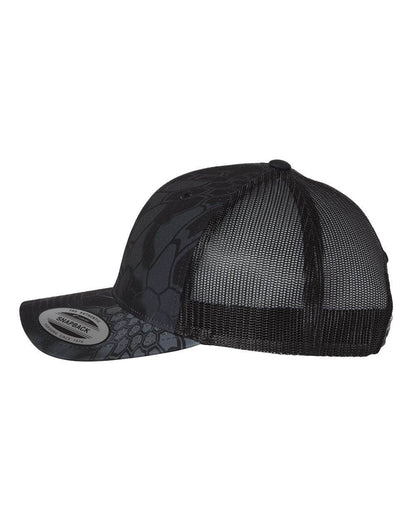 Custom YP Classics retro trucker cap by Yupoong with embroidered logo, featuring a Kryptek Typhon design on the side.