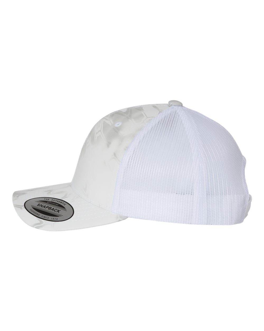 Custom YP Classics retro trucker cap with embroidered logo, featuring a Kryptek Wraith design on the side, by Yupoong.