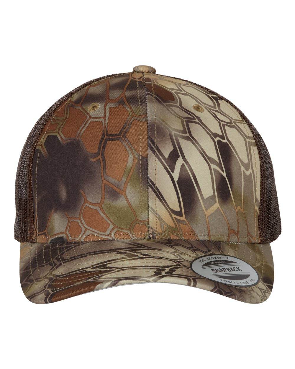 Custom YP Classics® retro trucker cap with embroidered logo, featuring a classic mesh design and adjustable strap.