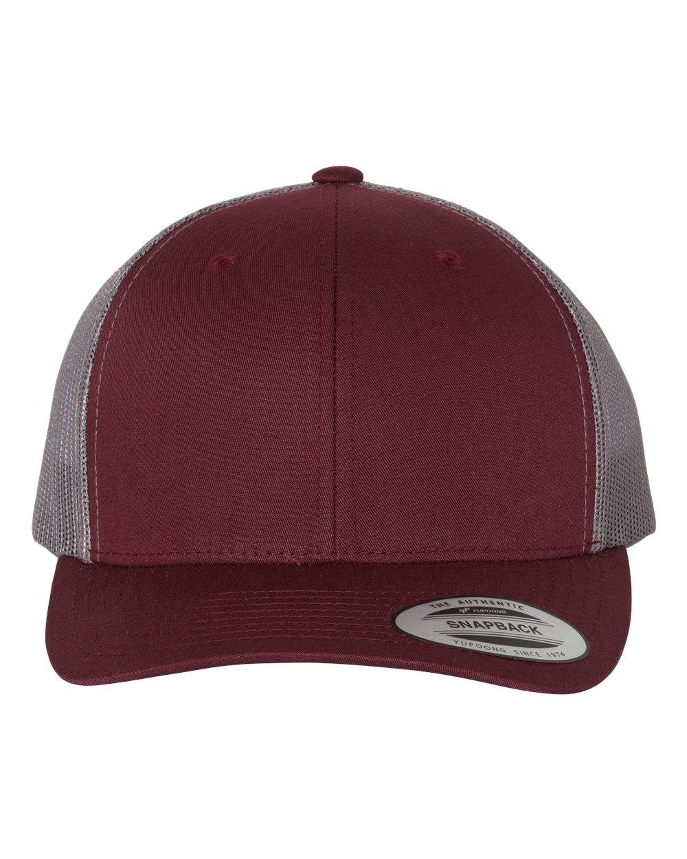 Maroon and grey Yupoong Custom YP Classics® retro trucker cap with embroidered logo, adjustable snapback, and classic trucker hat style.
