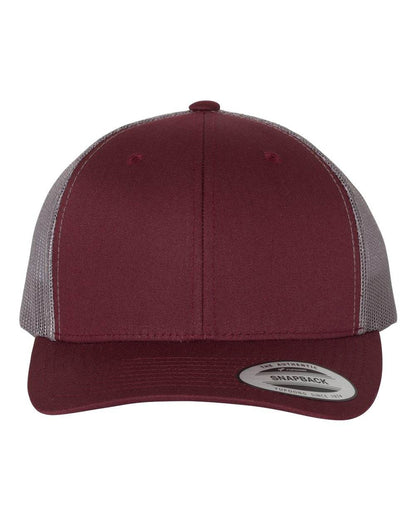 Maroon and grey Yupoong Custom YP Classics® retro trucker cap with embroidered logo, adjustable snapback, and classic trucker hat style.