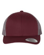 Maroon and grey Yupoong Custom YP Classics® retro trucker cap with embroidered logo, adjustable snapback, and classic trucker hat style.