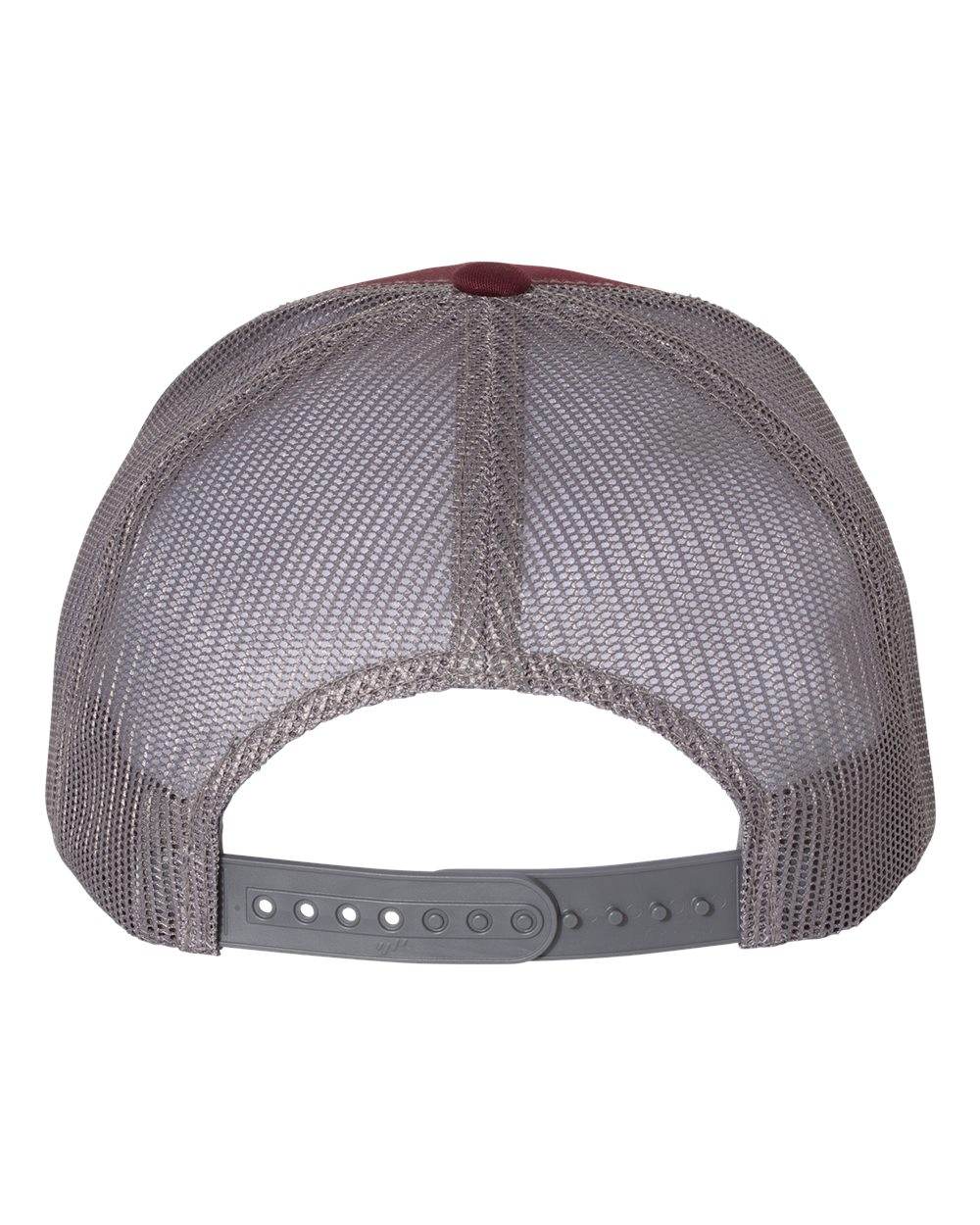Custom YP Classics retro trucker cap by Yupoong with embroidered logo, maroon front, grey mesh back, personalized and stylish.