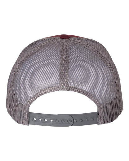 Custom YP Classics retro trucker cap by Yupoong with embroidered logo, maroon front, grey mesh back, personalized and stylish.