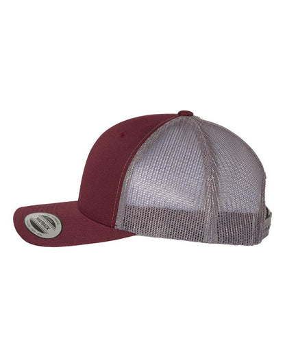 Maroon and grey Yupoong YP Classics® retro trucker cap with embroidered logo, personalized design, and mesh back.