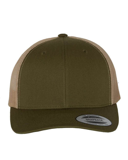 Custom YP Classics retro trucker hat by Yupoong with personalized embroidered logo in moss khaki color.