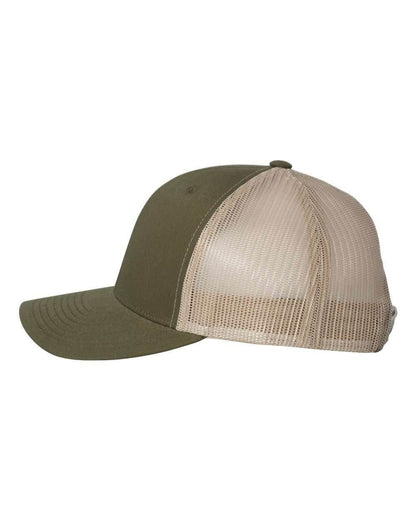 Yupoong Custom YP Classics retro trucker cap with personalized embroidered logo in moss khaki, side view on adjustable hat
