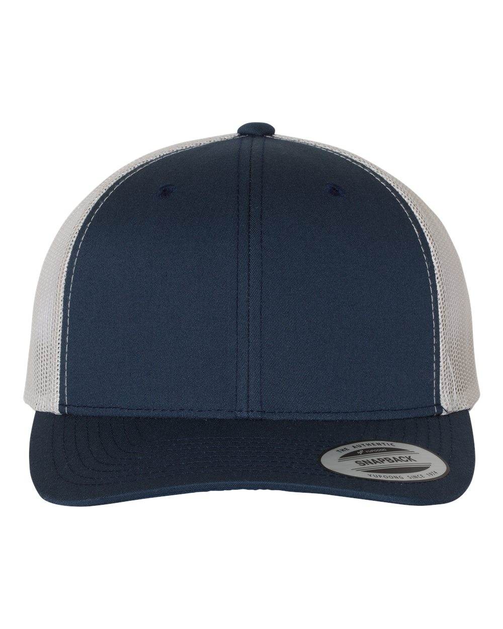 Navy Yupoong YP Classics® retro trucker cap with embroidered logo, featuring a structured front and mesh back for breathability.