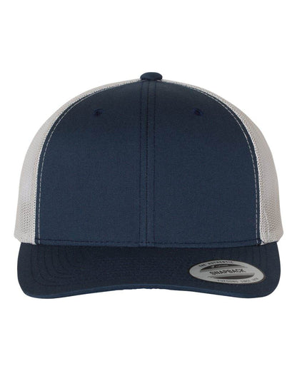 Navy Yupoong YP Classics® retro trucker cap with embroidered logo, featuring a structured front and mesh back for breathability.