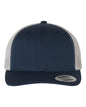 Navy Yupoong YP Classics® retro trucker cap with embroidered logo, featuring a structured front and mesh back for breathability.