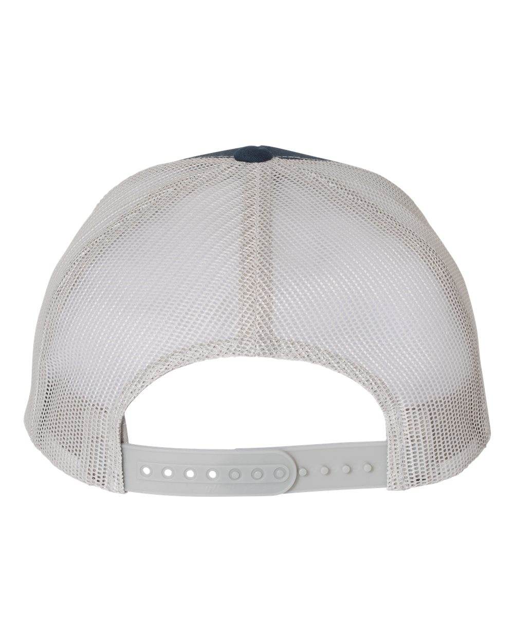 Custom YP Classics retro trucker cap by Yupoong with embroidered logo, navy blue and silver back, personalized embroidered hat