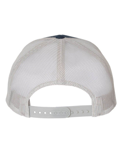 Custom YP Classics retro trucker cap by Yupoong with embroidered logo, navy blue and silver back, personalized embroidered hat