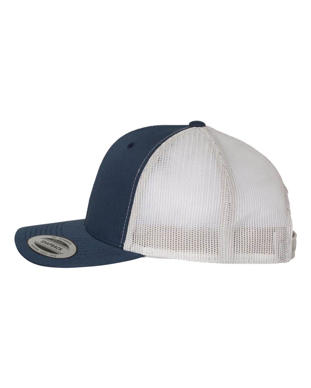 Navy blue Yupoong YP Classics® retro trucker cap with silver embroidery, personalized embroidered logo on front, mesh back for ventilation.