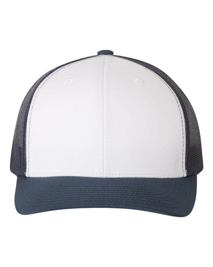 Navy and white Yupoong YP Classics retro trucker cap with custom embroidered logo, adjustable mesh back, and classic trucker style.