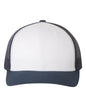 Navy and white Yupoong YP Classics retro trucker cap with custom embroidered logo, adjustable mesh back, and classic trucker style.