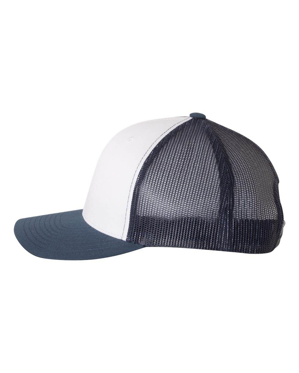Custom YP Classics® retro trucker cap with embroidered logo, navy and white colors, featuring adjustable snapback closure.