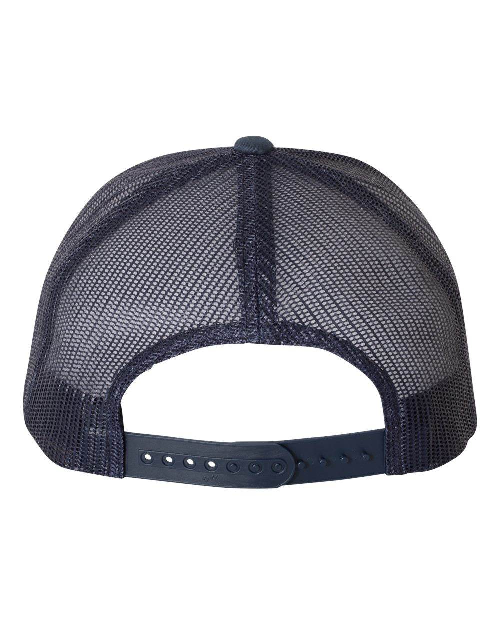 Custom YP Classics retro trucker cap by Yupoong with embroidered logo in navy and white, featuring a classic mesh trucker hat design.