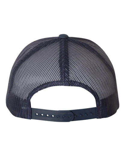 Custom YP Classics retro trucker cap by Yupoong with embroidered logo in navy and white, featuring a classic mesh trucker hat design.