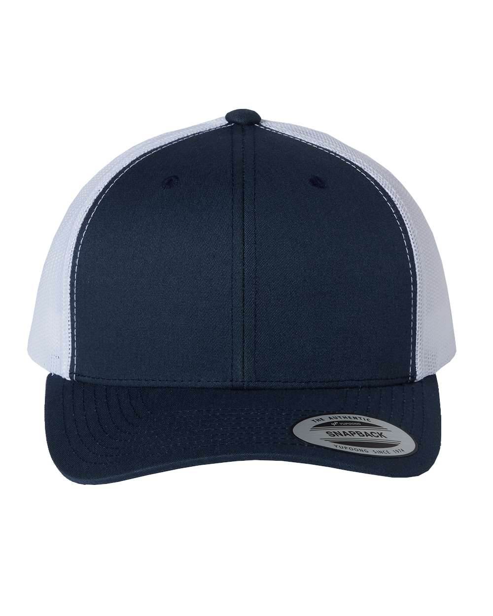 Navy and white Yupoong Custom YP Classics® retro trucker cap with embroidered logo, adjustable mesh trucker hat.