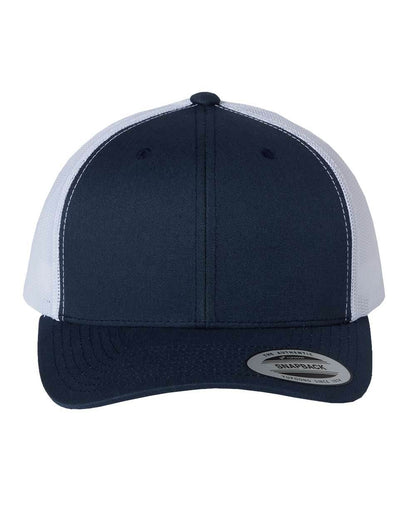 Navy and white Yupoong Custom YP Classics® retro trucker cap with embroidered logo, adjustable mesh trucker hat.