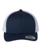 Navy and white Yupoong Custom YP Classics® retro trucker cap with embroidered logo, adjustable mesh trucker hat.
