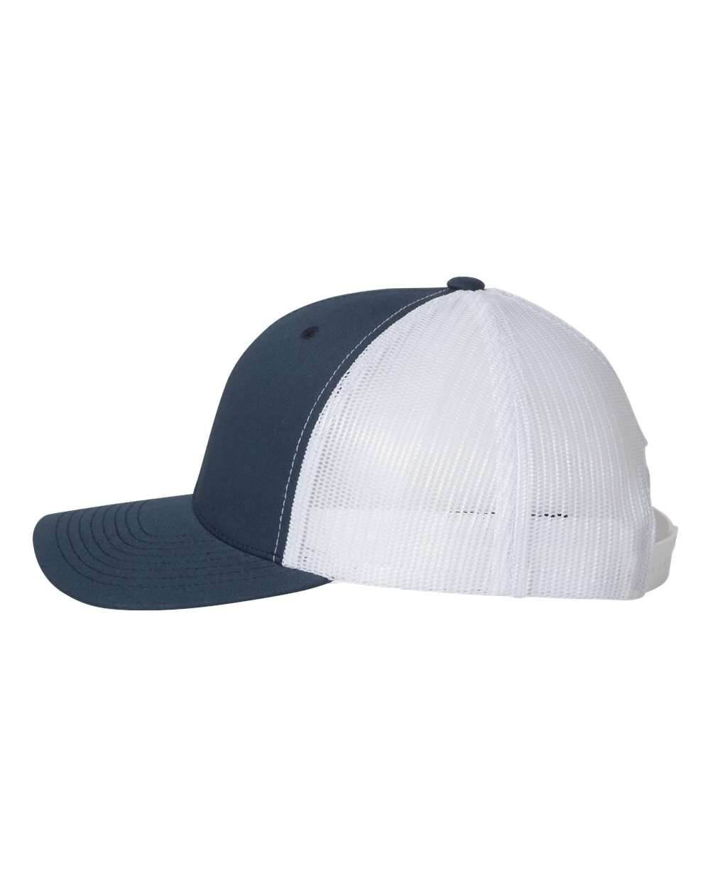Custom YP Classics retro trucker cap by Yupoong with embroidered logo, navy and white colors, adjustable mesh baseball hat.