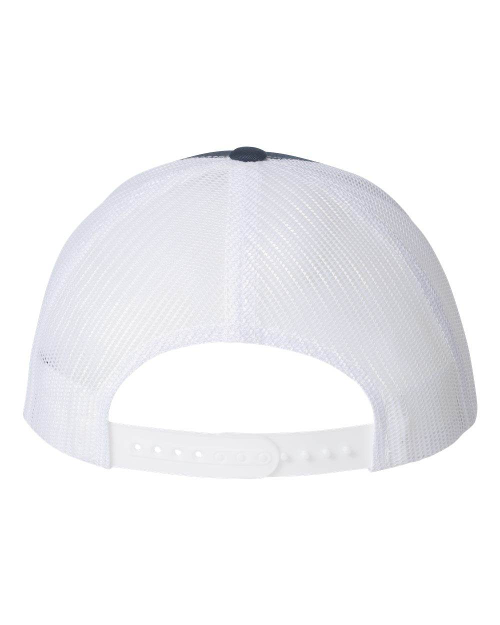 Custom YP Classics retro trucker cap by Yupoong with embroidered logo in navy and white, featuring a classic trucker hat design.