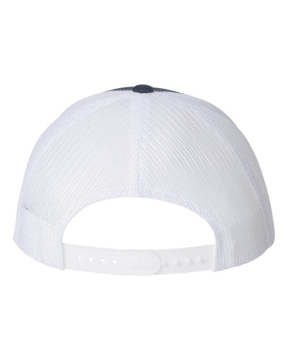 Custom YP Classics retro trucker cap by Yupoong with embroidered logo in navy and white, featuring a classic trucker hat design.