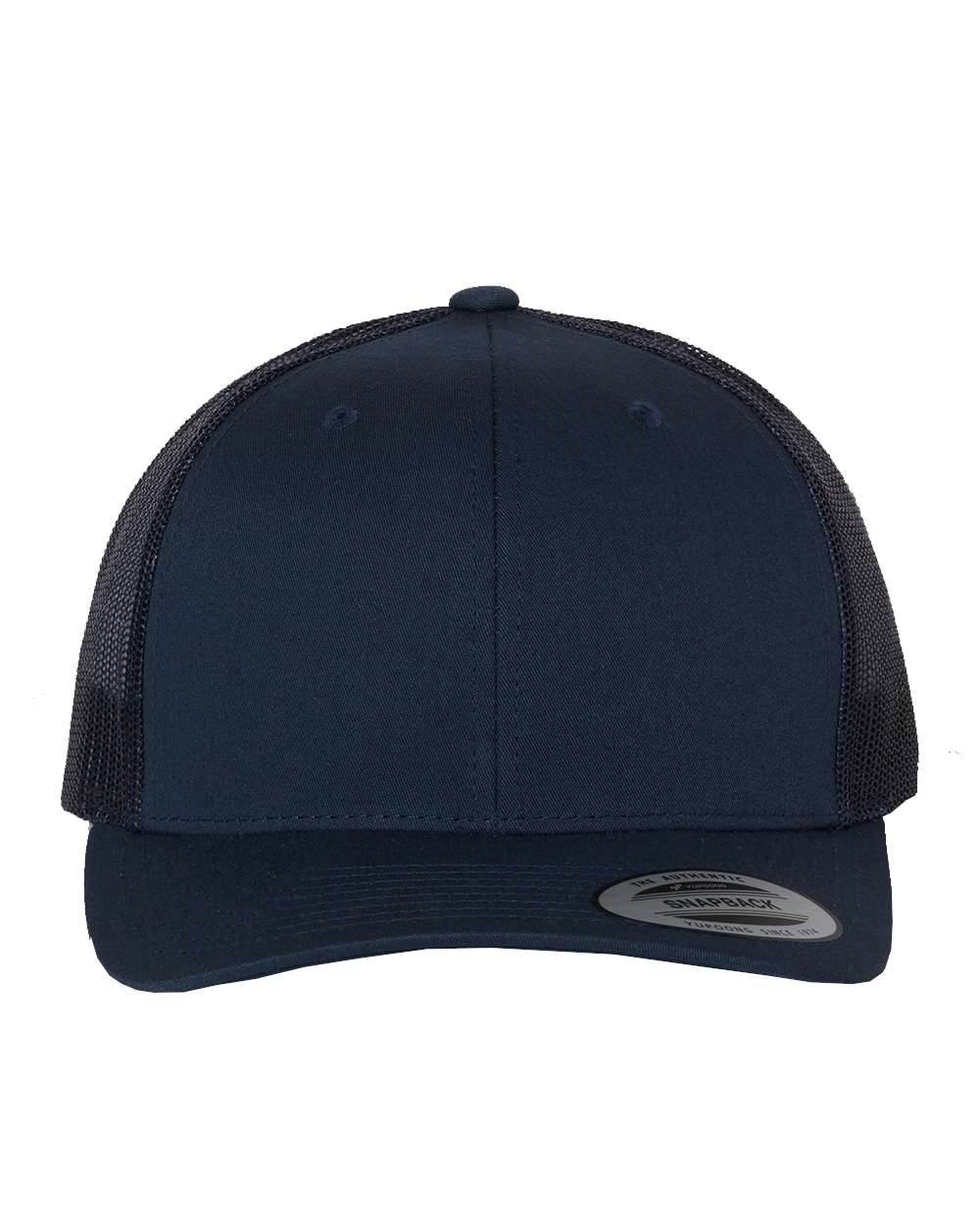 Navy Yupoong YP Classics® retro trucker cap with custom embroidered logo, adjustable mesh back, and structured front panel.