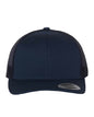 Navy Yupoong YP Classics® retro trucker cap with custom embroidered logo, adjustable mesh back, and structured front panel.