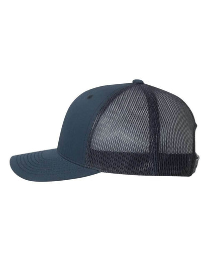 Navy Yupoong YP Classics® retro trucker cap with personalized embroidered logo, adjustable snapback closure.